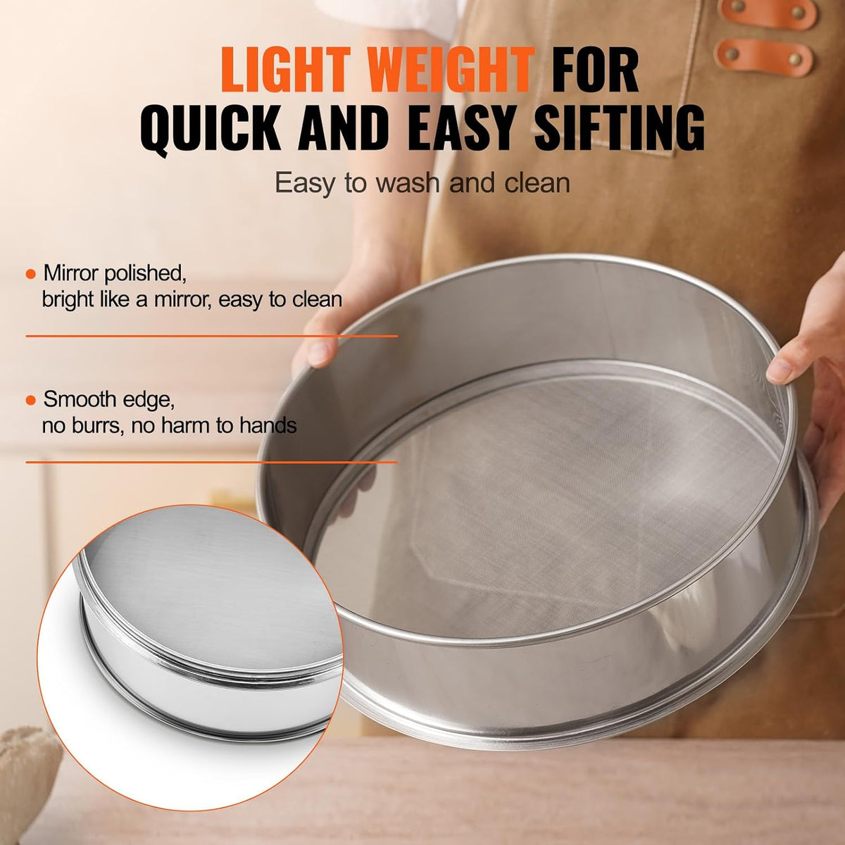 Flour Sieve, 10 Mesh Sifter, 304 Stainless Steel Food-grade Fine Mesh Strainer, Dia. 12.6" for Baking, 5 Sizes Mesh Hole for Mungbean, Rice, Pearl Powder