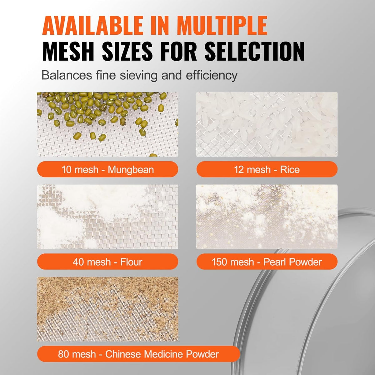 Flour Sieve, 10 Mesh Sifter, 304 Stainless Steel Food-grade Fine Mesh Strainer, Dia. 12.6" for Baking, 5 Sizes Mesh Hole for Mungbean, Rice, Pearl Powder