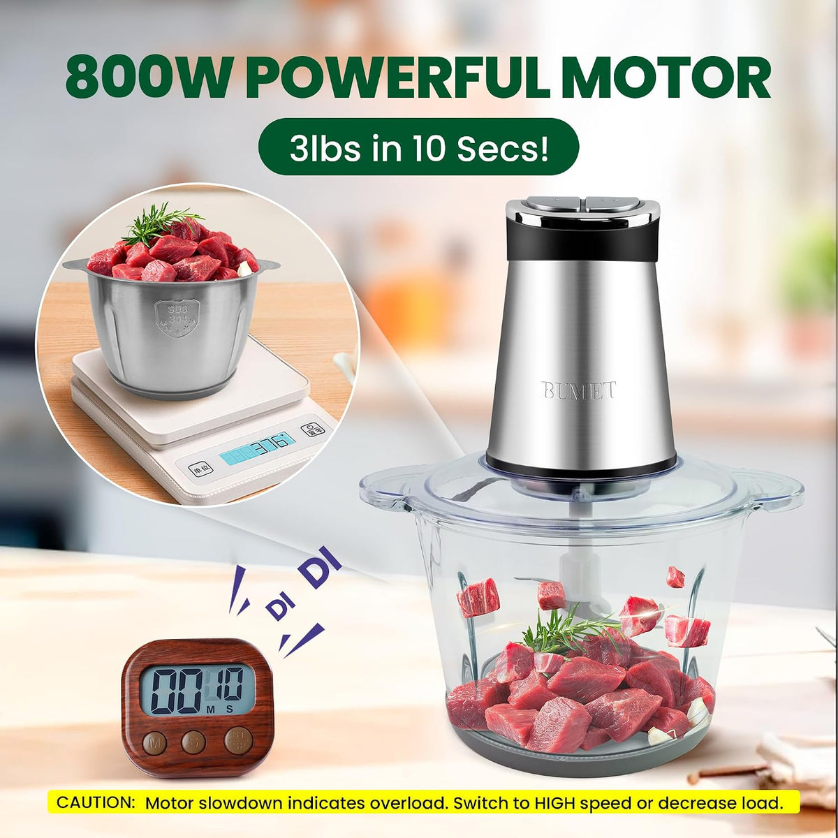 800W 2-12cup Food Chopper LED Timer 3-Tier 6 Blades