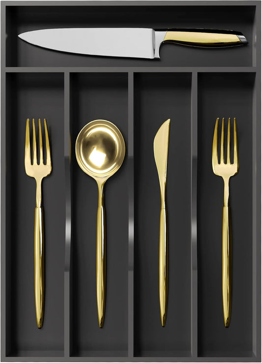 Black Silverware Organizer 10 In Utensil Organizer Silverware Tray for Drawer Cutlery Flatware Organizer for Kitchen Bamboo Wood