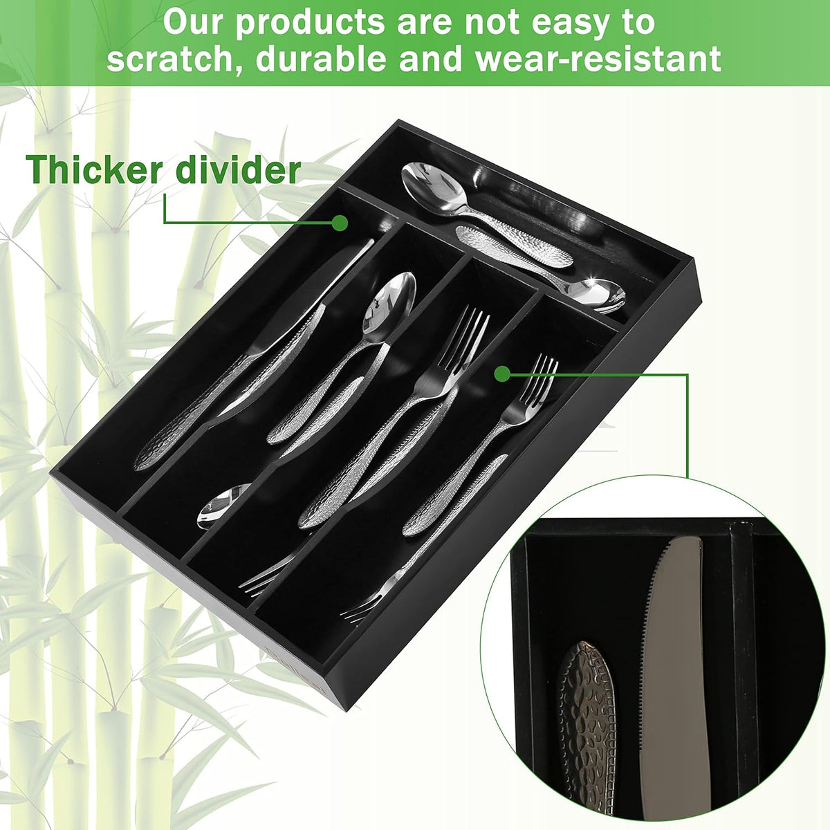 Black Silverware Organizer 10 In Utensil Organizer Silverware Tray for Drawer Cutlery Flatware Organizer for Kitchen Bamboo Wood