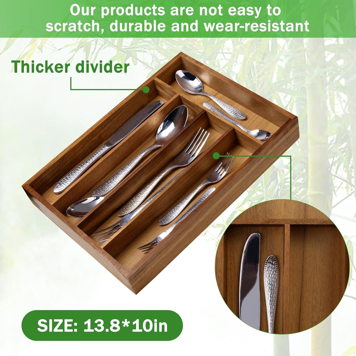 Black Silverware Organizer 10 In Utensil Organizer Silverware Tray for Drawer Cutlery Flatware Organizer for Kitchen Bamboo Wood