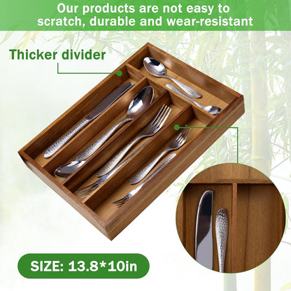 Black Silverware Organizer 10 In Utensil Organizer Silverware Tray for Drawer Cutlery Flatware Organizer for Kitchen Bamboo Wood