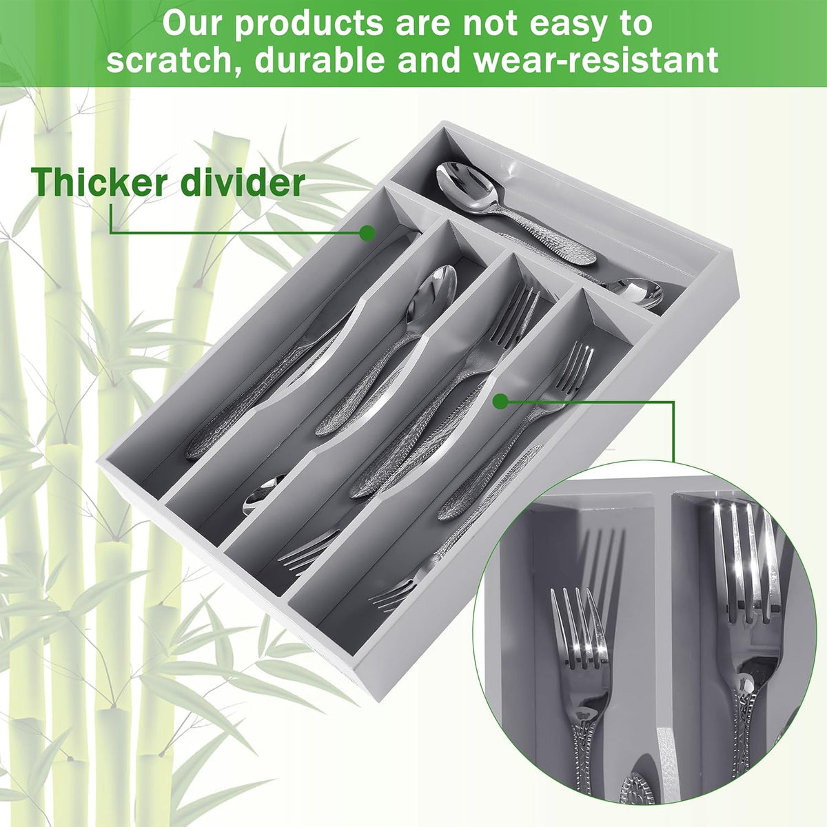 Black Silverware Organizer 10 In Utensil Organizer Silverware Tray for Drawer Cutlery Flatware Organizer for Kitchen Bamboo Wood