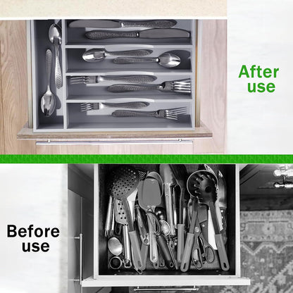 Black Silverware Organizer 10 In Utensil Organizer Silverware Tray for Drawer Cutlery Flatware Organizer for Kitchen Bamboo Wood