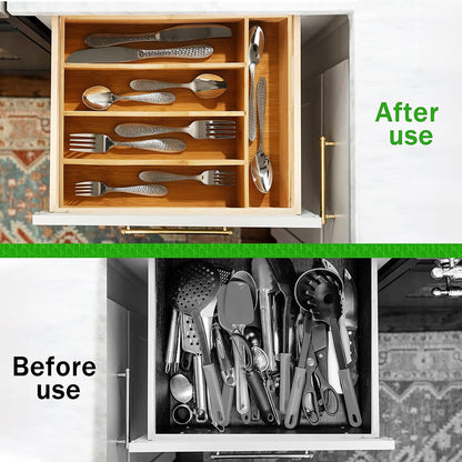 Black Silverware Organizer 10 In Utensil Organizer Silverware Tray for Drawer Cutlery Flatware Organizer for Kitchen Bamboo Wood