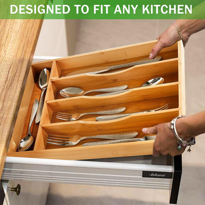 Black Silverware Organizer 10 In Utensil Organizer Silverware Tray for Drawer Cutlery Flatware Organizer for Kitchen Bamboo Wood