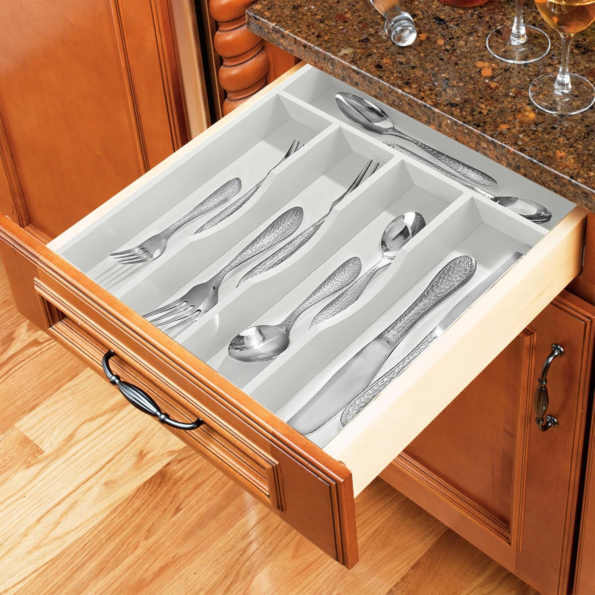 Black Silverware Organizer 10 In Utensil Organizer Silverware Tray for Drawer Cutlery Flatware Organizer for Kitchen Bamboo Wood