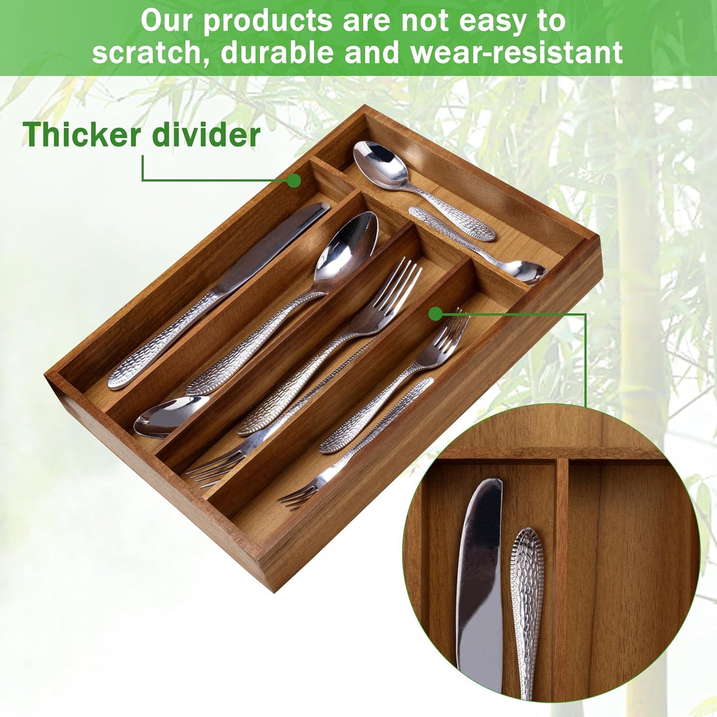Black Silverware Organizer 10 In Utensil Organizer Silverware Tray for Drawer Cutlery Flatware Organizer for Kitchen Bamboo Wood