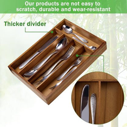 Black Silverware Organizer 10 In Utensil Organizer Silverware Tray for Drawer Cutlery Flatware Organizer for Kitchen Bamboo Wood