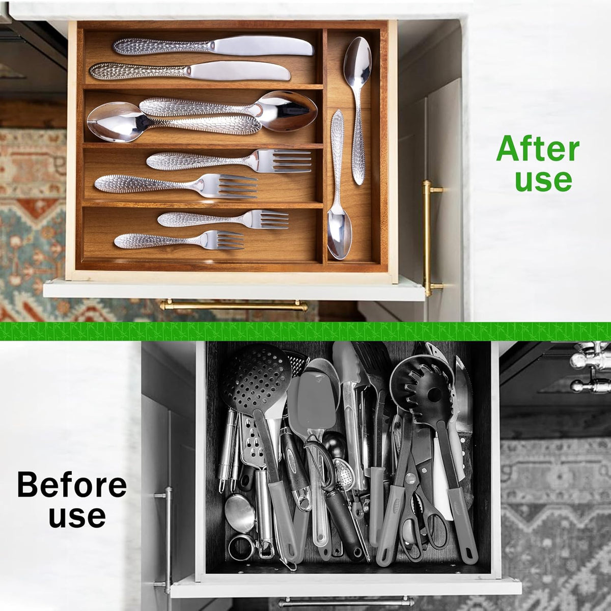 Black Silverware Organizer 10 In Utensil Organizer Silverware Tray for Drawer Cutlery Flatware Organizer for Kitchen Bamboo Wood