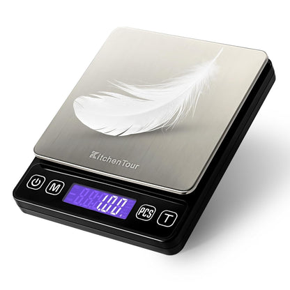 KitchenTour Mini Gram Scale for Coffee, Jewelry and Small Items, 500g x 0.01g Digital Pocket Scale with Tare, 6 Units, Back-Lit LCD, 2 Trays, Black
