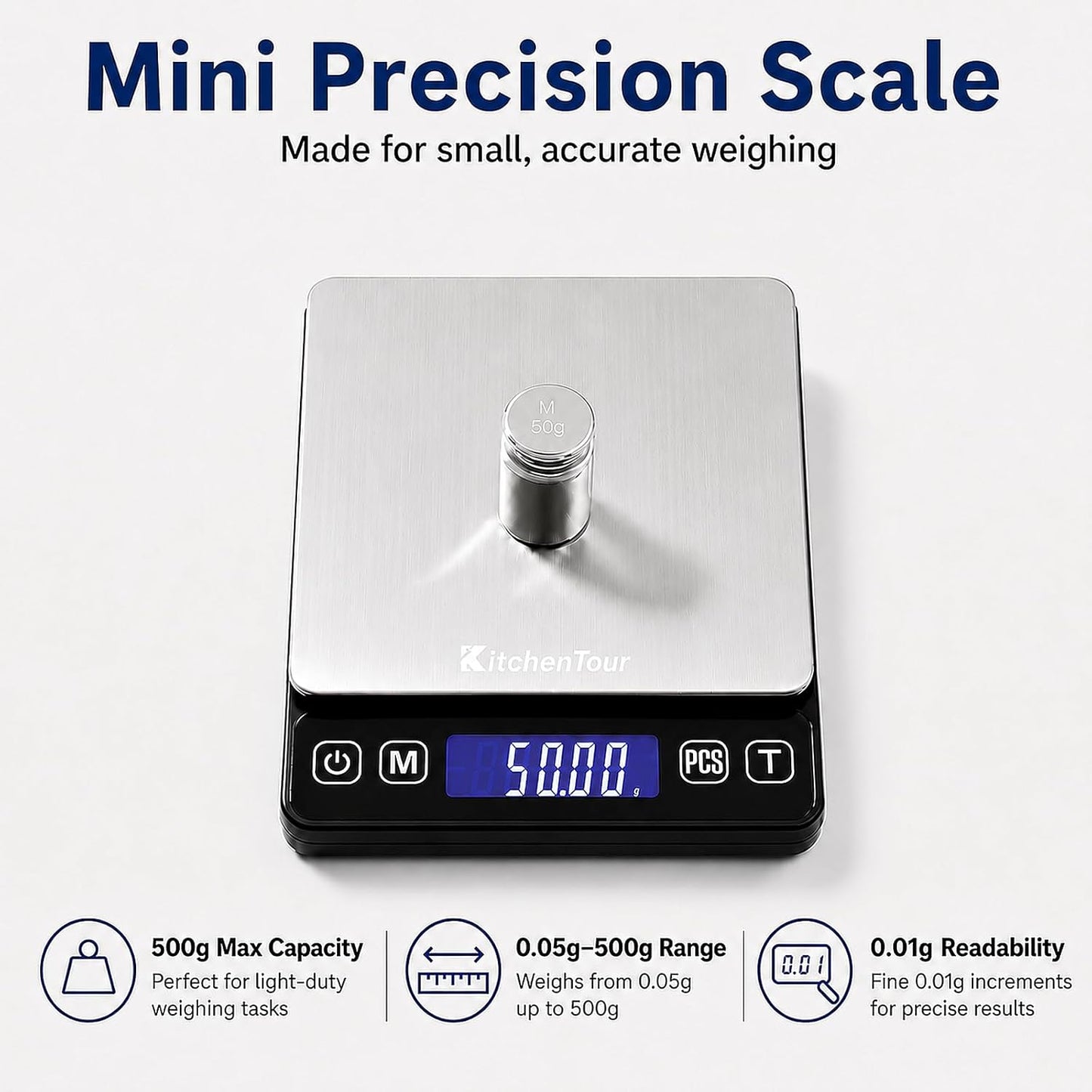 KitchenTour Mini Gram Scale for Coffee, Jewelry and Small Items, 500g x 0.01g Digital Pocket Scale with Tare, 6 Units, Back-Lit LCD, 2 Trays, Black