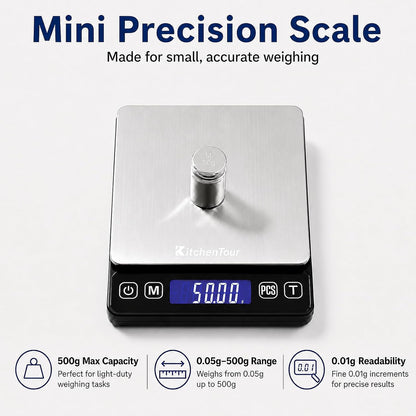 KitchenTour Mini Gram Scale for Coffee, Jewelry and Small Items, 500g x 0.01g Digital Pocket Scale with Tare, 6 Units, Back-Lit LCD, 2 Trays, Black