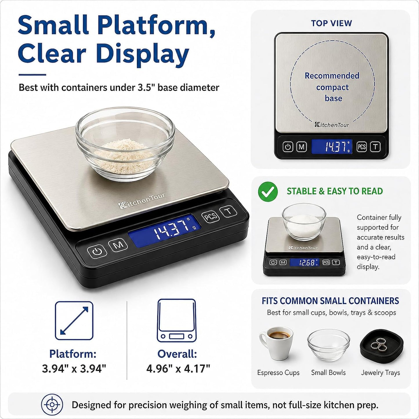 KitchenTour Mini Gram Scale for Coffee, Jewelry and Small Items, 500g x 0.01g Digital Pocket Scale with Tare, 6 Units, Back-Lit LCD, 2 Trays, Black