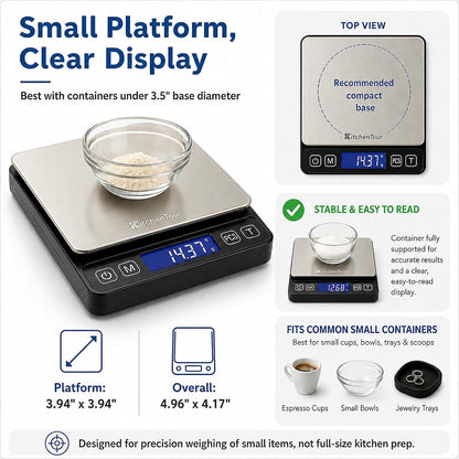 KitchenTour Mini Gram Scale for Coffee, Jewelry and Small Items, 500g x 0.01g Digital Pocket Scale with Tare, 6 Units, Back-Lit LCD, 2 Trays, Black