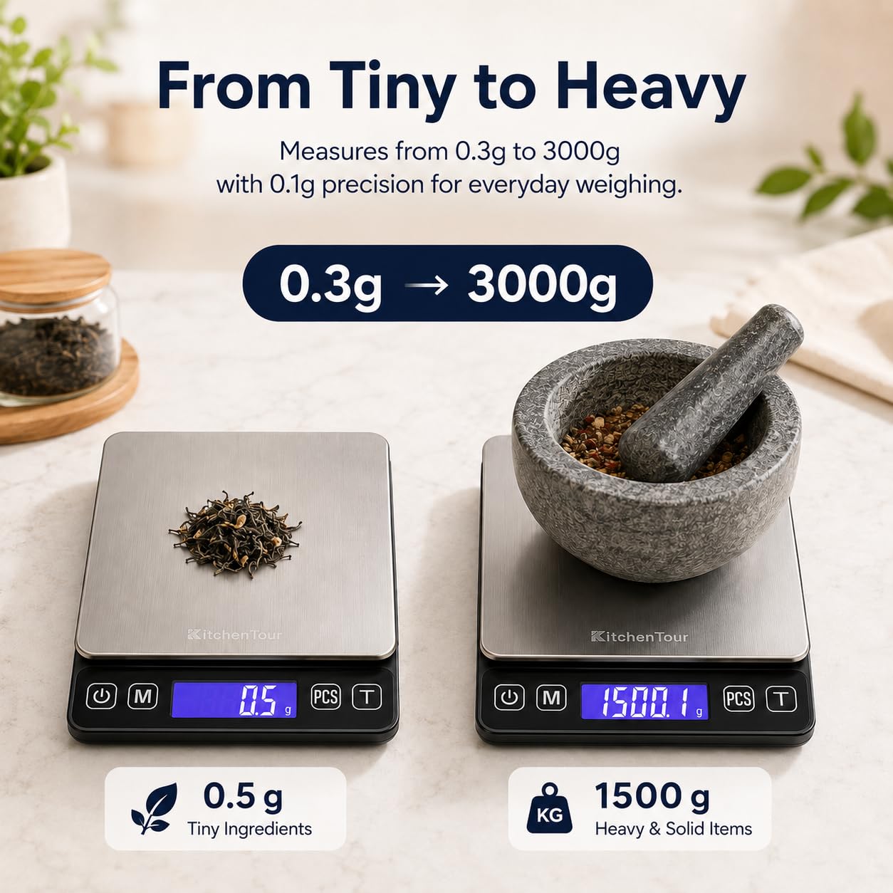 KitchenTour Mini Gram Scale for Coffee, Jewelry and Small Items, 500g x 0.01g Digital Pocket Scale with Tare, 6 Units, Back-Lit LCD, 2 Trays, Black