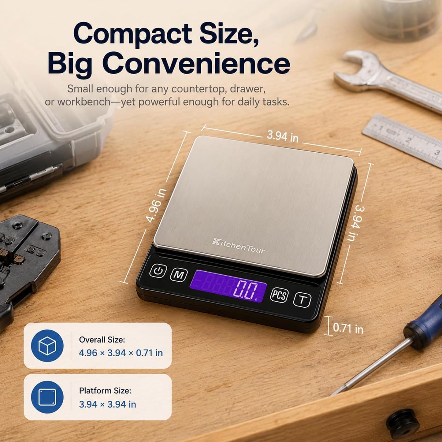 KitchenTour Mini Gram Scale for Coffee, Jewelry and Small Items, 500g x 0.01g Digital Pocket Scale with Tare, 6 Units, Back-Lit LCD, 2 Trays, Black