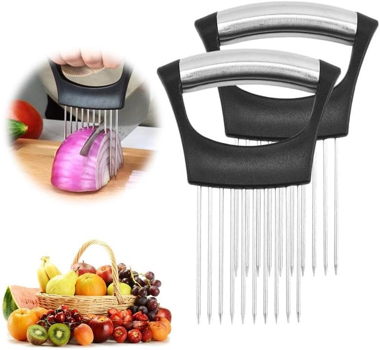 Onion Holder for Slicing, Stainless Steel Slicer Onion Cutter for Slicing, Vegetable Cutter for Potato and Tomato, Lemon Avocados, Eggs, Food Slicer Assistant Tool (2 PCS)