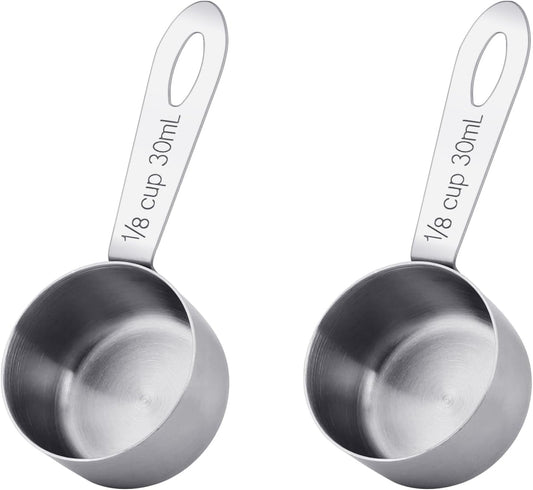 2Pcs 1/8 Cup Measuring Cup, 30ml Scoop, Stainless Steel Measuring Cups, Coffee Scoops, Measuring Scoops for Canisters Tablespoon Measure Spoon, Short Handle Cooking Measuring Scoop(30ML)