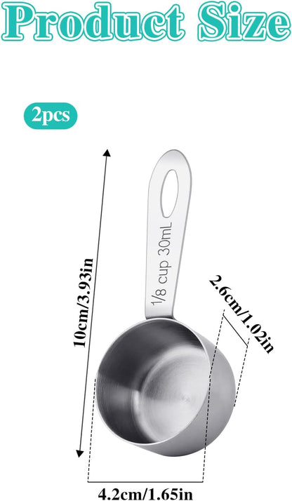2Pcs 1/8 Cup Measuring Cup, 30ml Scoop, Stainless Steel Measuring Cups, Coffee Scoops, Measuring Scoops for Canisters Tablespoon Measure Spoon, Short Handle Cooking Measuring Scoop(30ML)