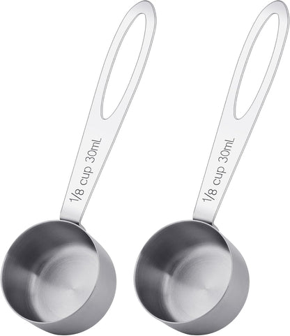2Pcs 1/8 Cup Measuring Cup, 30ml Scoop, Stainless Steel Measuring Cups, Coffee Scoops, Measuring Scoops for Canisters Tablespoon Measure Spoon, Short Handle Cooking Measuring Scoop(30ML)