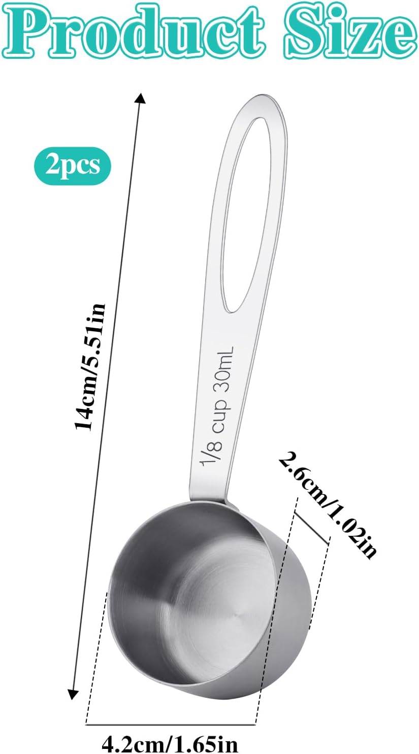 2Pcs 1/8 Cup Measuring Cup, 30ml Scoop, Stainless Steel Measuring Cups, Coffee Scoops, Measuring Scoops for Canisters Tablespoon Measure Spoon, Short Handle Cooking Measuring Scoop(30ML)