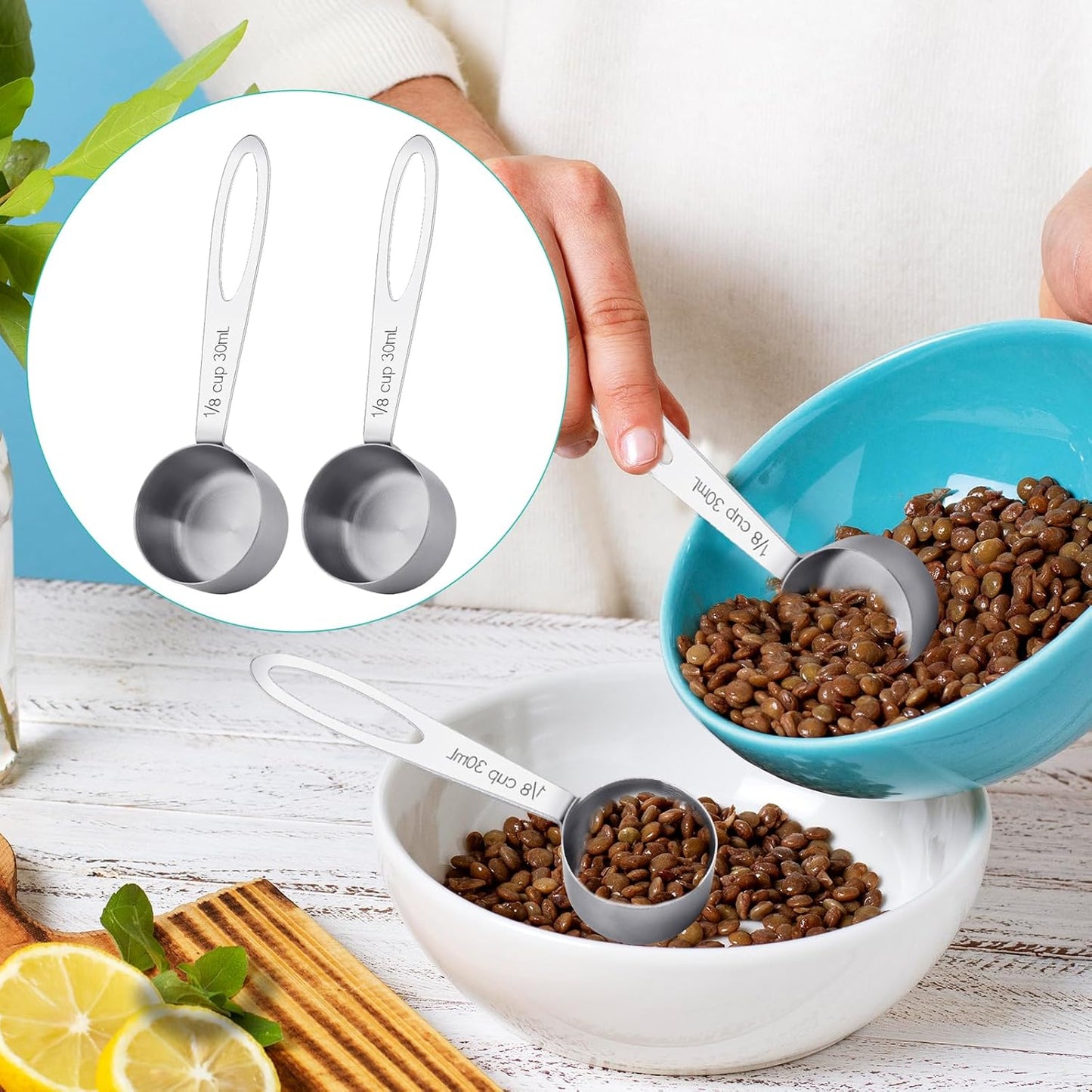 2Pcs 1/8 Cup Measuring Cup, 30ml Scoop, Stainless Steel Measuring Cups, Coffee Scoops, Measuring Scoops for Canisters Tablespoon Measure Spoon, Short Handle Cooking Measuring Scoop(30ML)