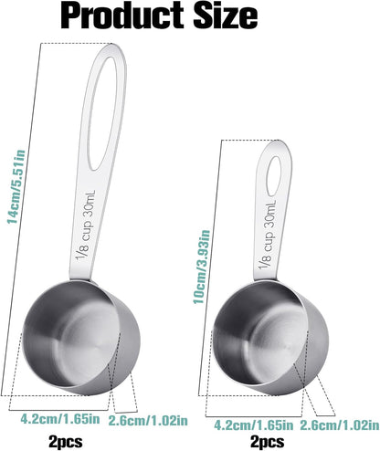 2Pcs 1/8 Cup Measuring Cup, 30ml Scoop, Stainless Steel Measuring Cups, Coffee Scoops, Measuring Scoops for Canisters Tablespoon Measure Spoon, Short Handle Cooking Measuring Scoop(30ML)