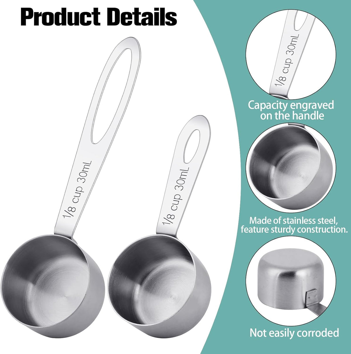 2Pcs 1/8 Cup Measuring Cup, 30ml Scoop, Stainless Steel Measuring Cups, Coffee Scoops, Measuring Scoops for Canisters Tablespoon Measure Spoon, Short Handle Cooking Measuring Scoop(30ML)