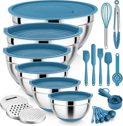 25PCS Mixing Bowls with Lid Set, Stainless Steel Nesting Prep Bowls with Grater Attachments Non-Slip Bottoms for Cooking, Baking, Serving, Food Storage, 4.6/2.6/2/1.5/1/0.7QT - Blue