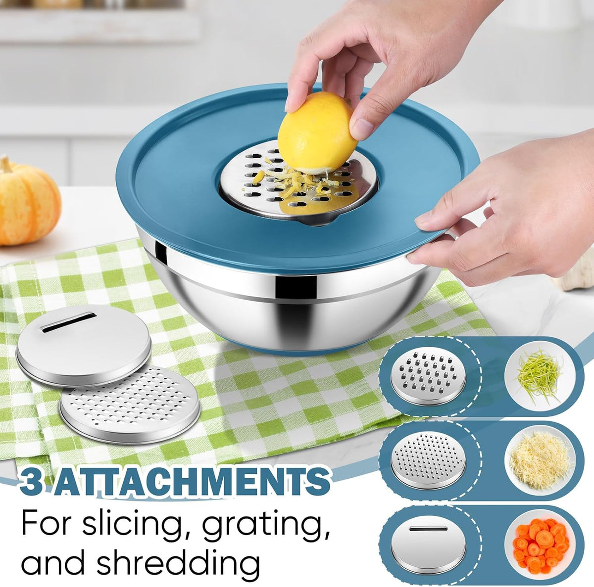 25PCS Mixing Bowls with Lid Set, Stainless Steel Nesting Prep Bowls with Grater Attachments Non-Slip Bottoms for Cooking, Baking, Serving, Food Storage, 4.6/2.6/2/1.5/1/0.7QT - Blue