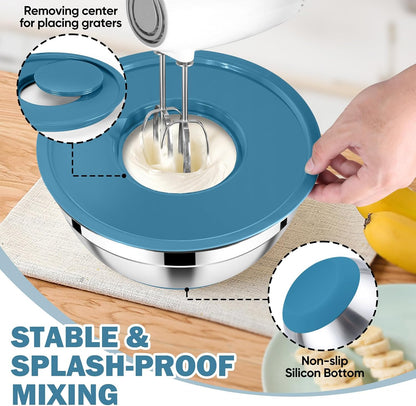 25PCS Mixing Bowls with Lid Set, Stainless Steel Nesting Prep Bowls with Grater Attachments Non-Slip Bottoms for Cooking, Baking, Serving, Food Storage, 4.6/2.6/2/1.5/1/0.7QT - Blue