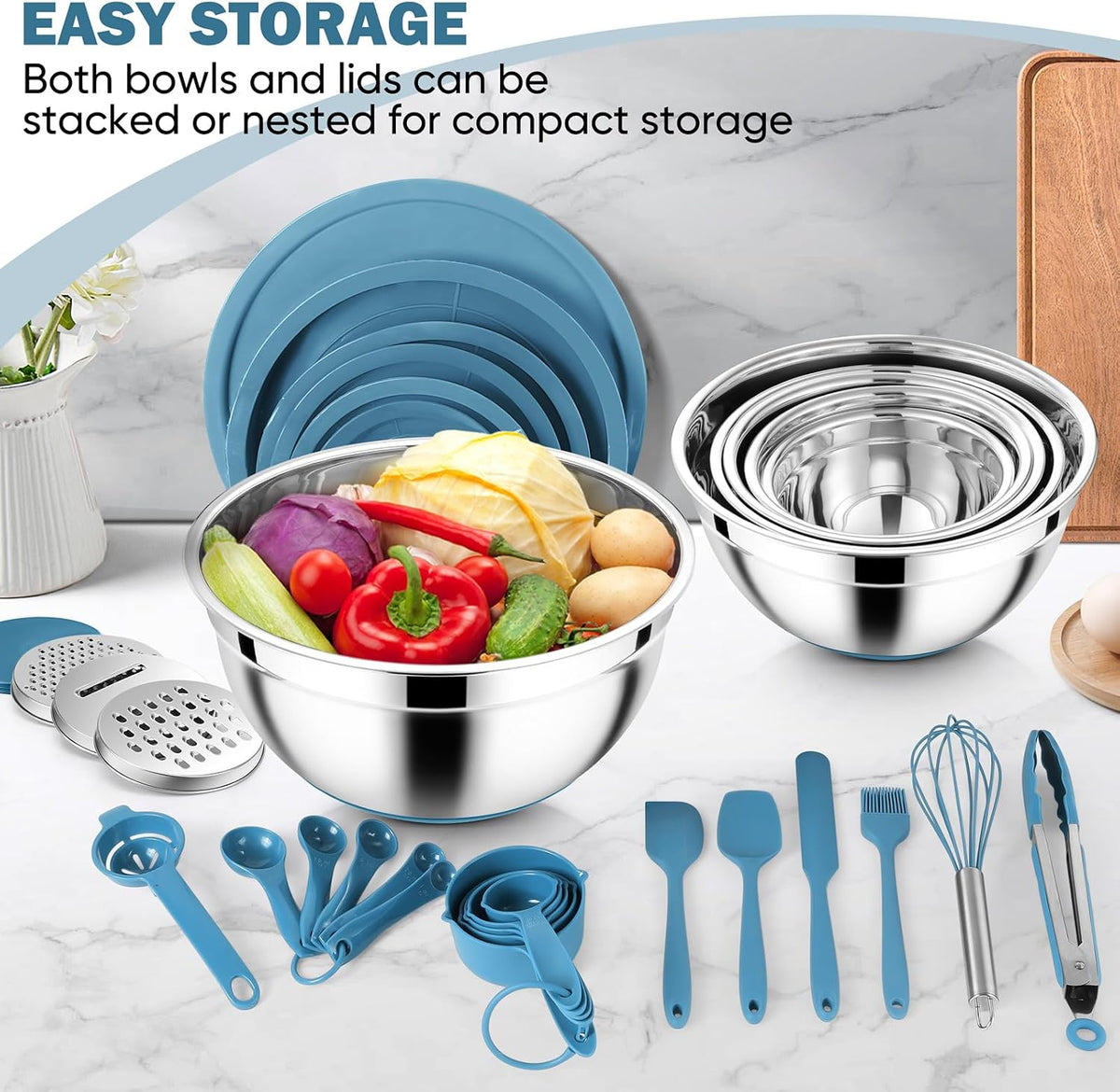 25PCS Mixing Bowls with Lid Set, Stainless Steel Nesting Prep Bowls with Grater Attachments Non-Slip Bottoms for Cooking, Baking, Serving, Food Storage, 4.6/2.6/2/1.5/1/0.7QT - Blue