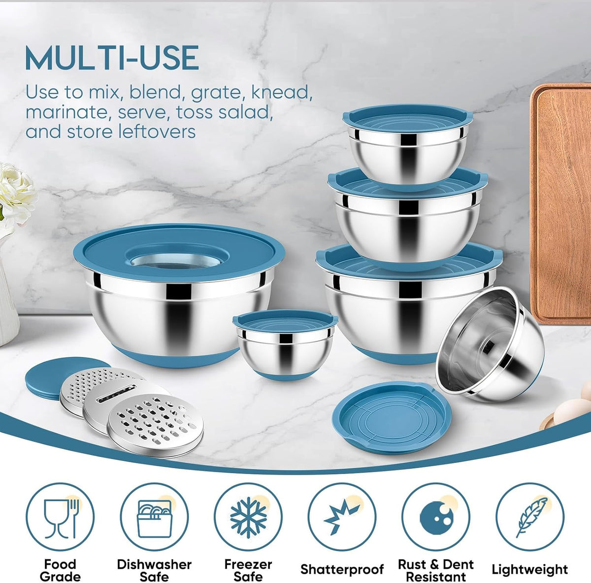 25PCS Mixing Bowls with Lid Set, Stainless Steel Nesting Prep Bowls with Grater Attachments Non-Slip Bottoms for Cooking, Baking, Serving, Food Storage, 4.6/2.6/2/1.5/1/0.7QT - Blue