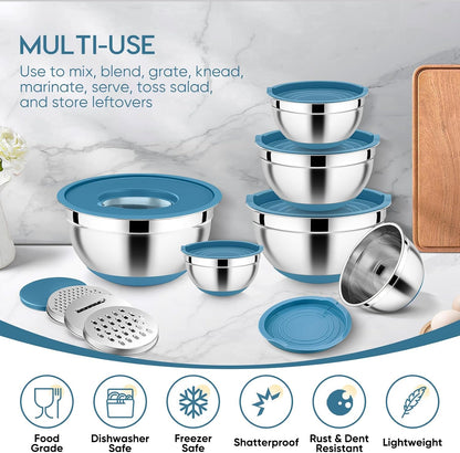25PCS Mixing Bowls with Lid Set, Stainless Steel Nesting Prep Bowls with Grater Attachments Non-Slip Bottoms for Cooking, Baking, Serving, Food Storage, 4.6/2.6/2/1.5/1/0.7QT - Blue