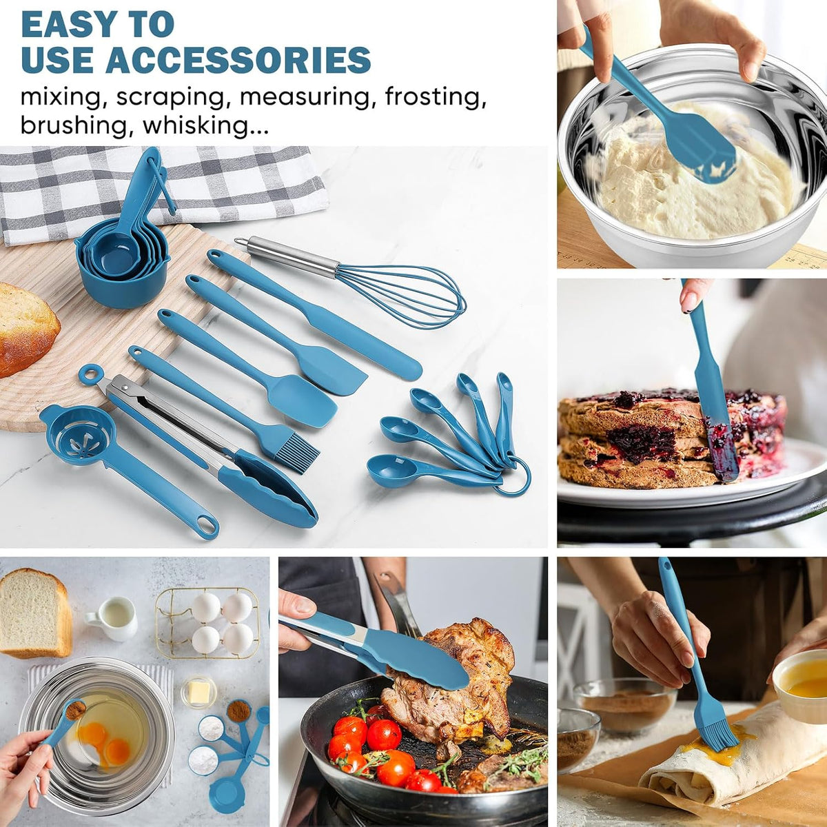 25PCS Mixing Bowls with Lid Set, Stainless Steel Nesting Prep Bowls with Grater Attachments Non-Slip Bottoms for Cooking, Baking, Serving, Food Storage, 4.6/2.6/2/1.5/1/0.7QT - Blue