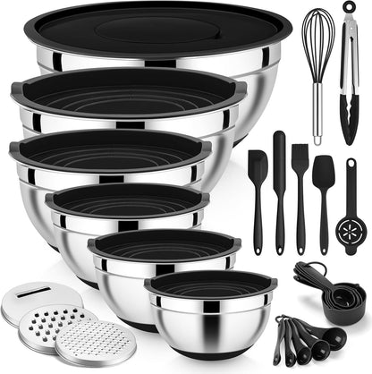 25PCS Mixing Bowls with Lid Set, Stainless Steel Nesting Prep Bowls with Grater Attachments Non-Slip Bottoms for Cooking, Baking, Serving, Food Storage, 4.6/2.6/2/1.5/1/0.7QT - Blue