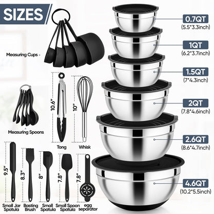 25PCS Mixing Bowls with Lid Set, Stainless Steel Nesting Prep Bowls with Grater Attachments Non-Slip Bottoms for Cooking, Baking, Serving, Food Storage, 4.6/2.6/2/1.5/1/0.7QT - Blue