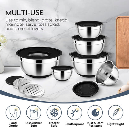 25PCS Mixing Bowls with Lid Set, Stainless Steel Nesting Prep Bowls with Grater Attachments Non-Slip Bottoms for Cooking, Baking, Serving, Food Storage, 4.6/2.6/2/1.5/1/0.7QT - Blue