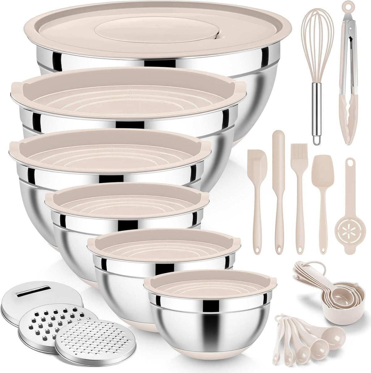 25PCS Mixing Bowls with Lid Set, Stainless Steel Nesting Prep Bowls with Grater Attachments Non-Slip Bottoms for Cooking, Baking, Serving, Food Storage, 4.6/2.6/2/1.5/1/0.7QT - Blue