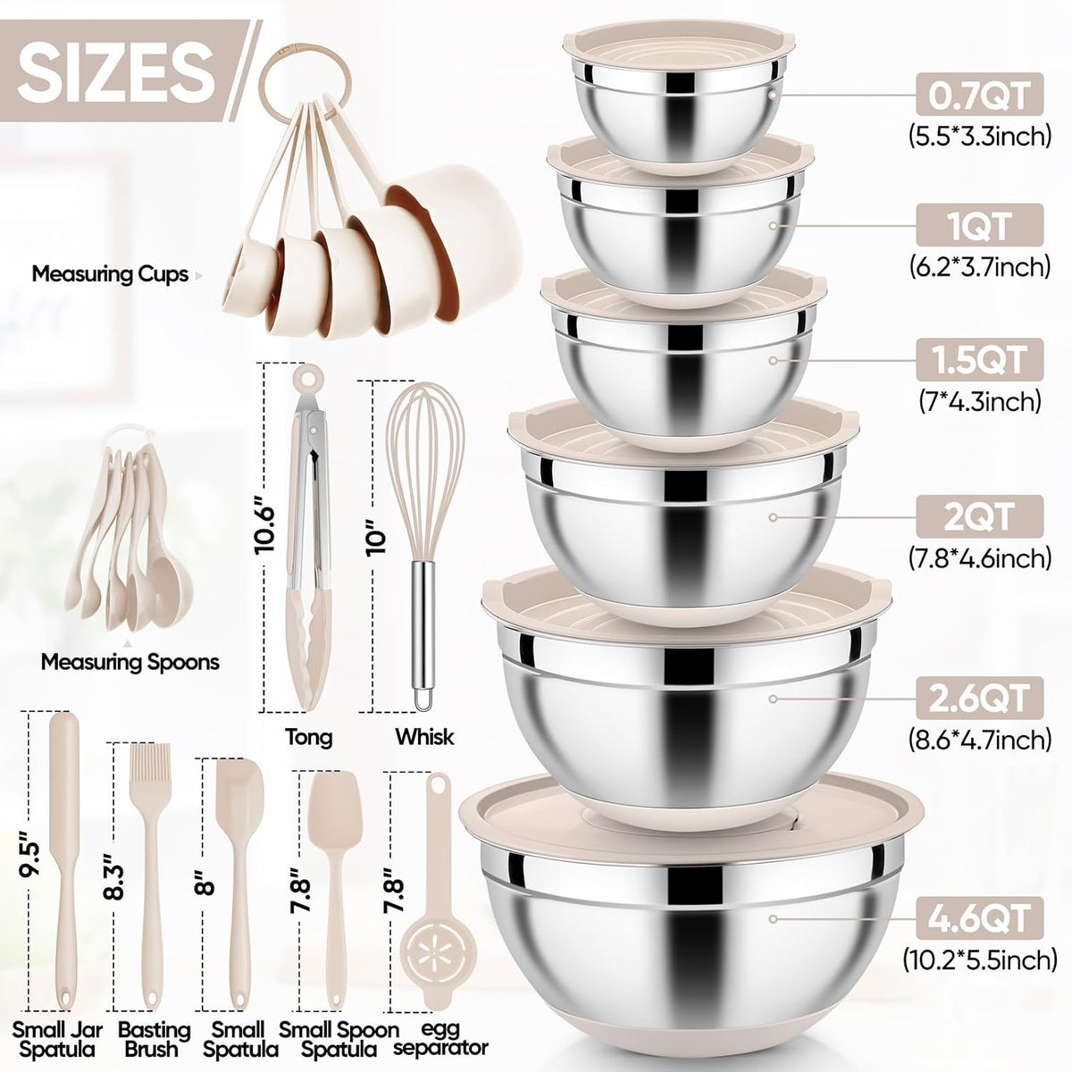 25PCS Mixing Bowls with Lid Set, Stainless Steel Nesting Prep Bowls with Grater Attachments Non-Slip Bottoms for Cooking, Baking, Serving, Food Storage, 4.6/2.6/2/1.5/1/0.7QT - Blue