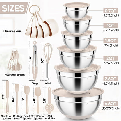 25PCS Mixing Bowls with Lid Set, Stainless Steel Nesting Prep Bowls with Grater Attachments Non-Slip Bottoms for Cooking, Baking, Serving, Food Storage, 4.6/2.6/2/1.5/1/0.7QT - Blue