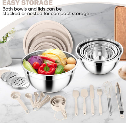 25PCS Mixing Bowls with Lid Set, Stainless Steel Nesting Prep Bowls with Grater Attachments Non-Slip Bottoms for Cooking, Baking, Serving, Food Storage, 4.6/2.6/2/1.5/1/0.7QT - Blue