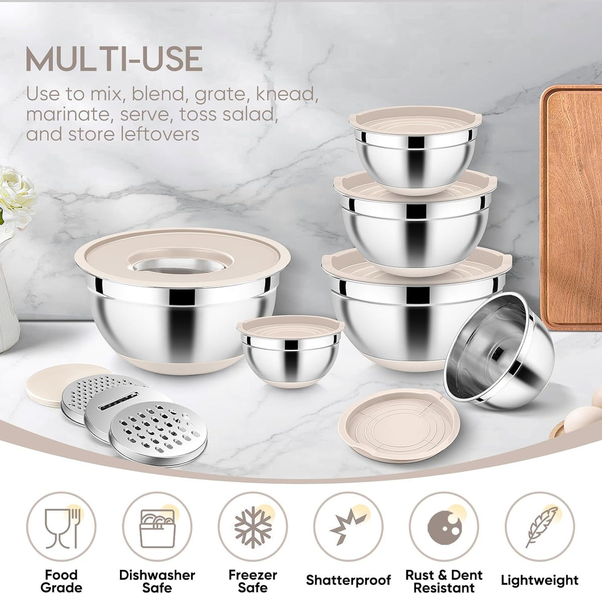 25PCS Mixing Bowls with Lid Set, Stainless Steel Nesting Prep Bowls with Grater Attachments Non-Slip Bottoms for Cooking, Baking, Serving, Food Storage, 4.6/2.6/2/1.5/1/0.7QT - Blue