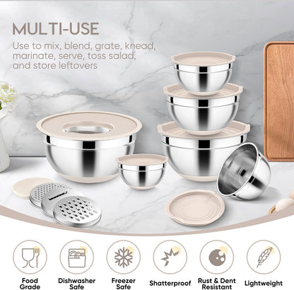 25PCS Mixing Bowls with Lid Set, Stainless Steel Nesting Prep Bowls with Grater Attachments Non-Slip Bottoms for Cooking, Baking, Serving, Food Storage, 4.6/2.6/2/1.5/1/0.7QT - Blue