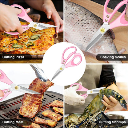 All Purpose Kitchen Scissors, Kitchen Shears Heavy Duty - Dishwasher Safe Food Scissors- Multipurpose Cooking Shears for Meat Poultry Food, Herbs, and Fish, Comfort Grip Handles, Pink
