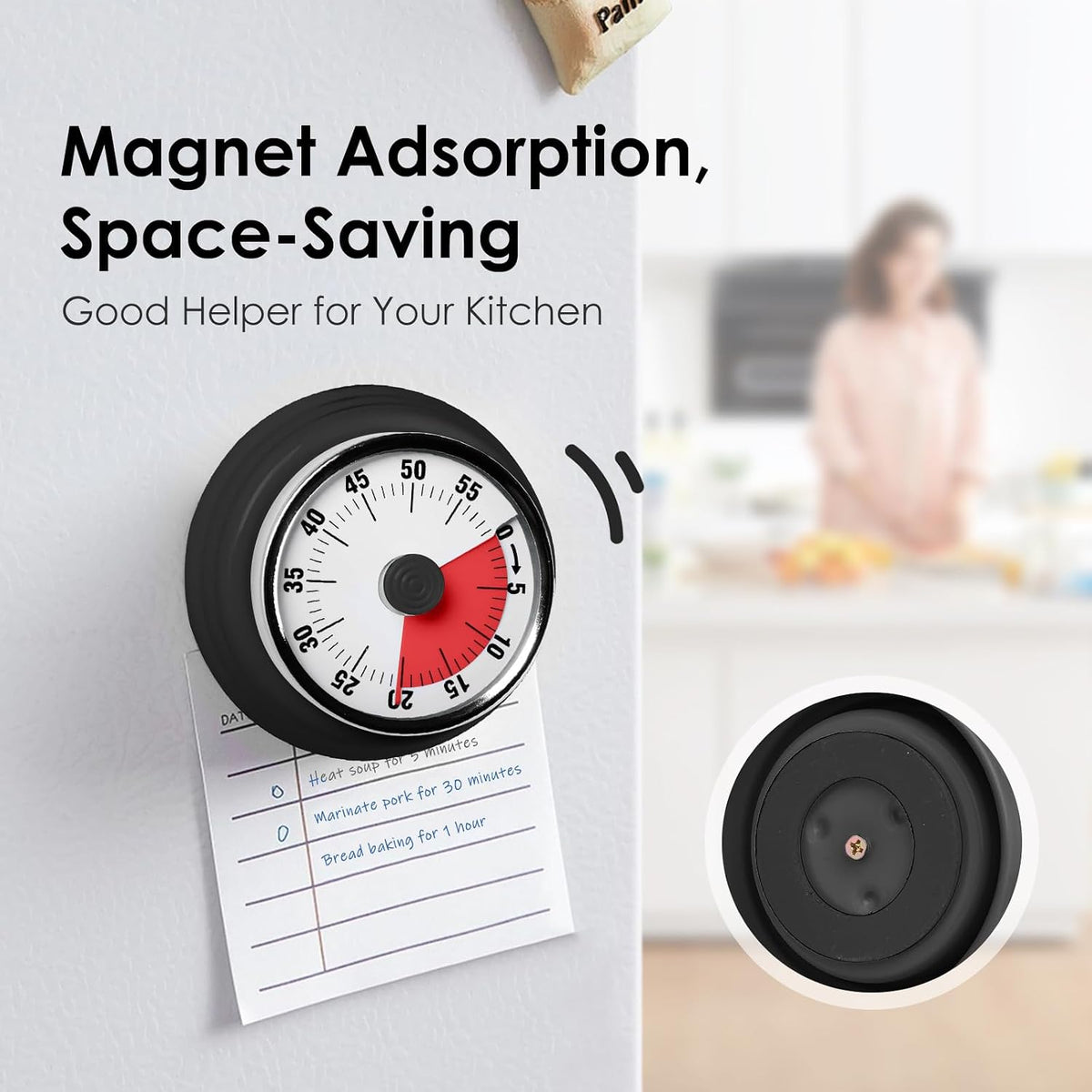 Visual Timer, 60-Minute Countdown Timer with Magnetic Base (Black)