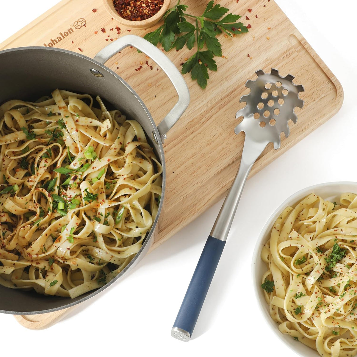 Prime Pasta Server, Stainless Steel Pasta Serving Spoon for Spaghetti, Noodles & Pasta, Heavy-Gauge Heat-Resistant Utensil with Weighted Handle