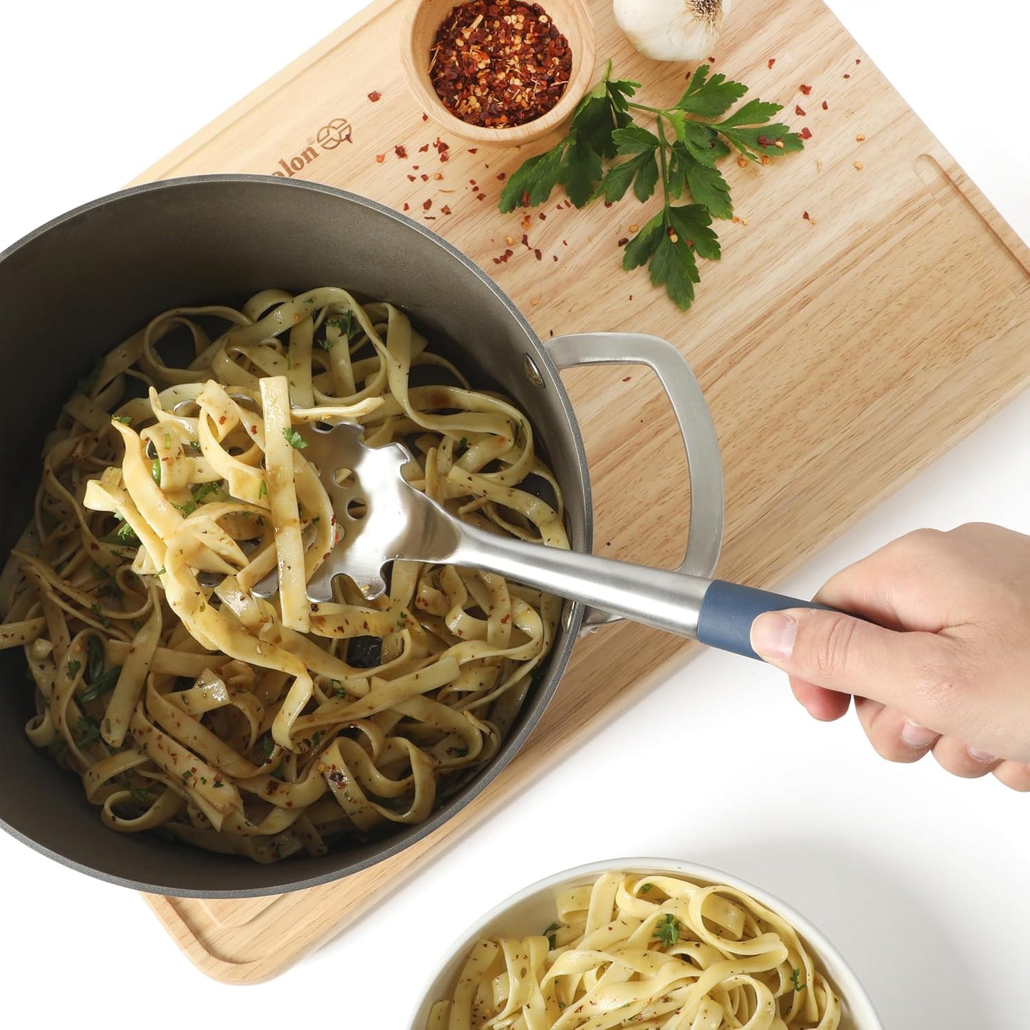 Prime Pasta Server, Stainless Steel Pasta Serving Spoon for Spaghetti, Noodles & Pasta, Heavy-Gauge Heat-Resistant Utensil with Weighted Handle